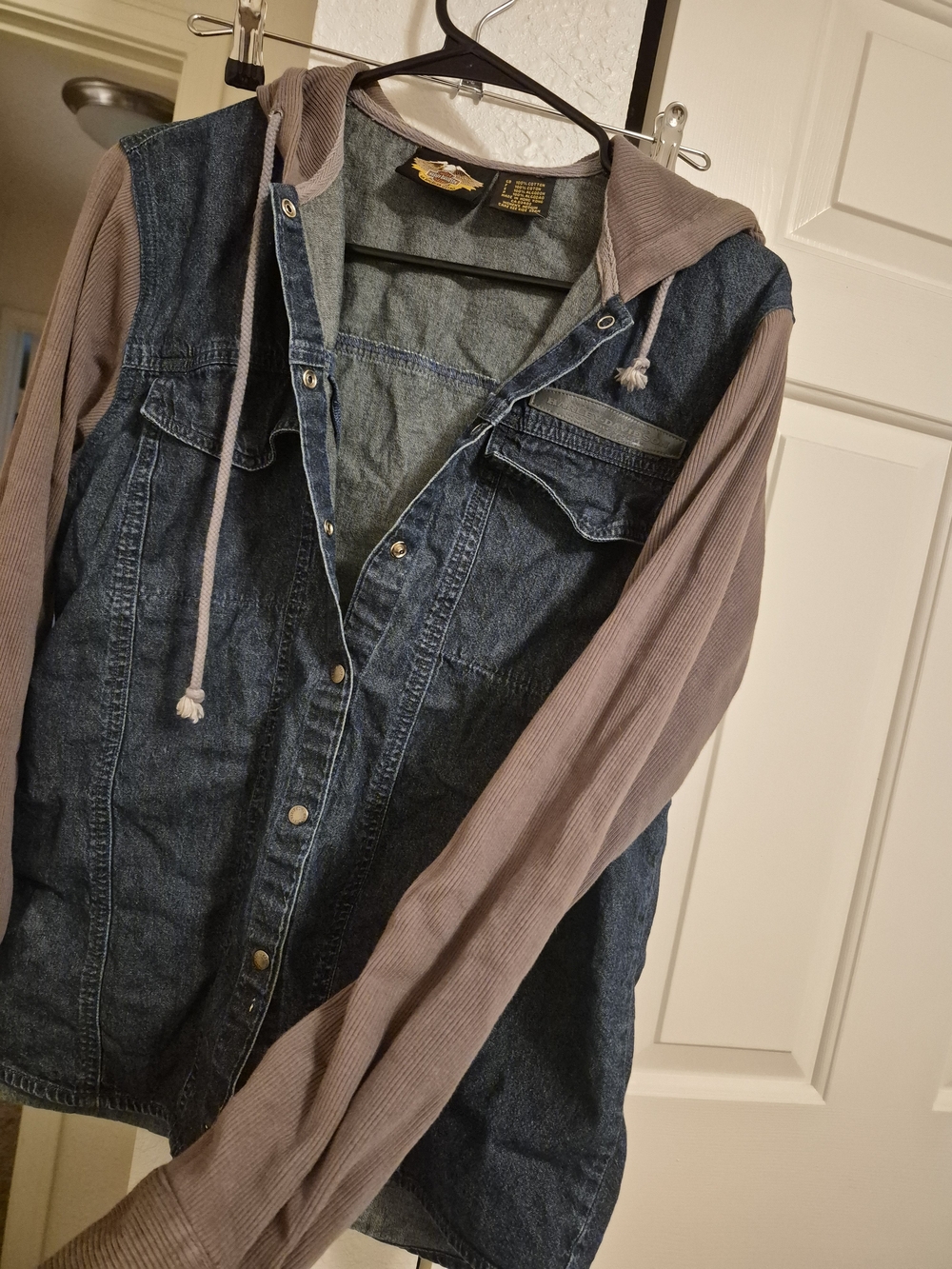 Harley-Davidson Blue Denim Jacket with Taupe Hooded Knit Sleeves